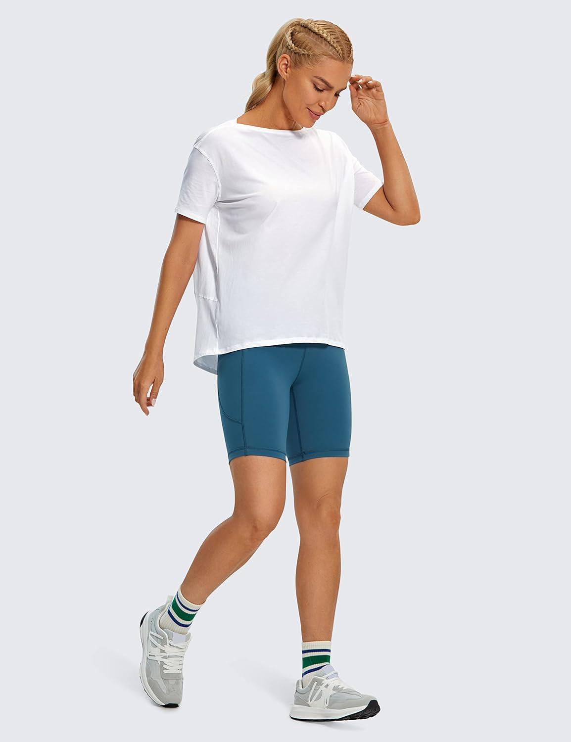 imageCRZ YOGA Womens Pima Cotton Short Sleeve Shirts Boat Neck Loose Fit Gym Workout TShirt Athletic Casual TopsWhite