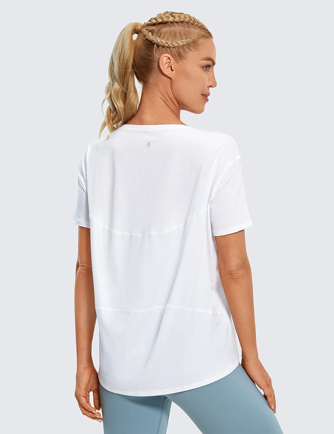 imageCRZ YOGA Womens Pima Cotton Short Sleeve Shirts Boat Neck Loose Fit Gym Workout TShirt Athletic Casual TopsWhite