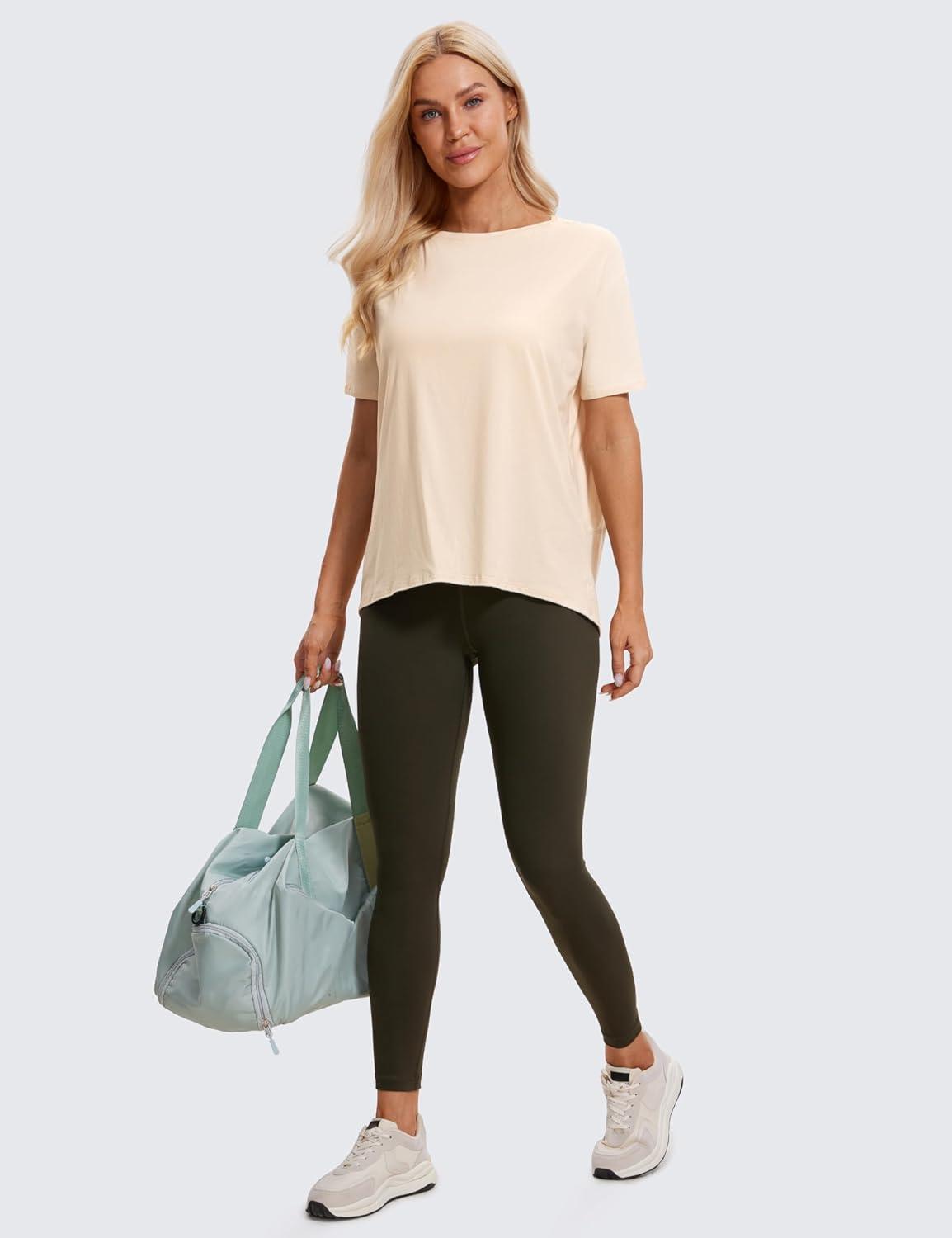 imageCRZ YOGA Womens Pima Cotton Short Sleeve Shirts Boat Neck Loose Fit Gym Workout TShirt Athletic Casual TopsWhite Opal