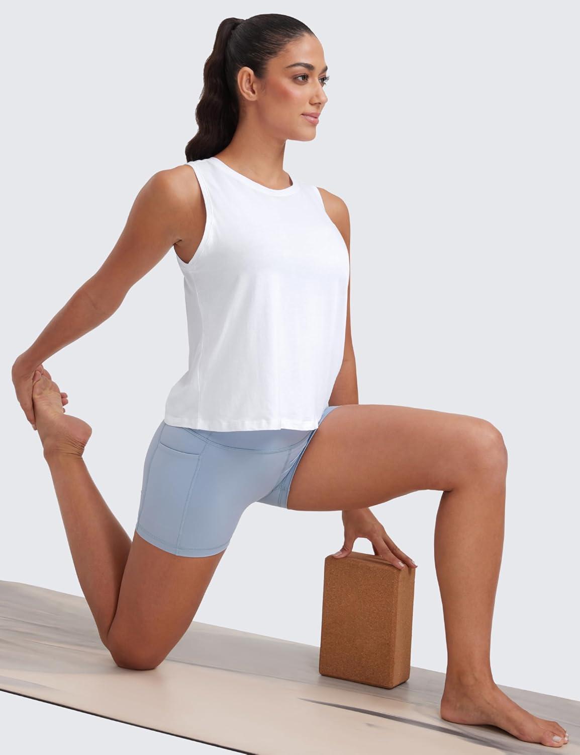 imageCRZ YOGA Womens Pima Cotton Sleeveless Loose Tank Tops Exercise Gym Yoga Tops Athletic ShirtsWhite