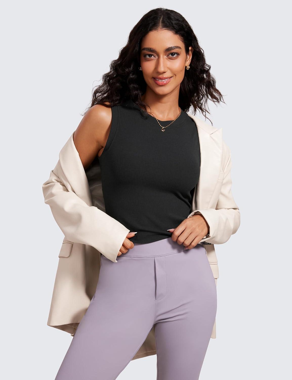 imageCRZ YOGA Womens Ribbed High Neck Tanks Sleeveless Fitted Basic Tops Going Out Casual Yoga Workout ShirtsBlack