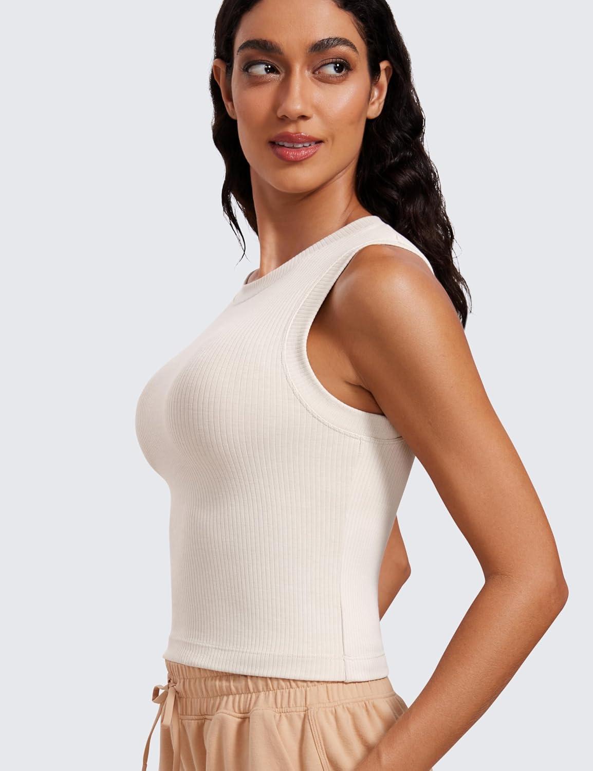 imageCRZ YOGA Womens Ribbed High Neck Tanks Sleeveless Fitted Basic Tops Going Out Casual Yoga Workout ShirtsMilky White Bone