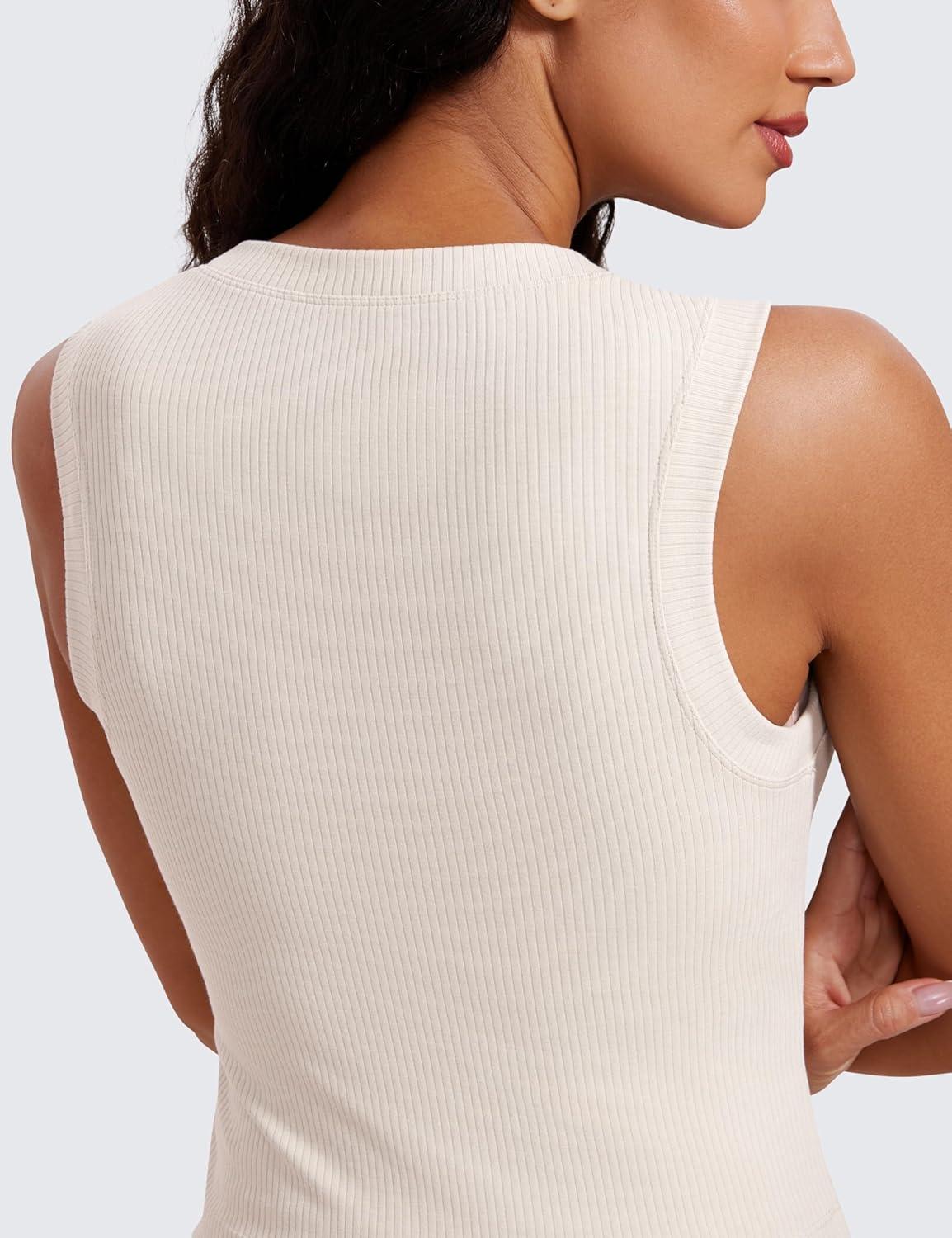 imageCRZ YOGA Womens Ribbed High Neck Tanks Sleeveless Fitted Basic Tops Going Out Casual Yoga Workout ShirtsMilky White Bone