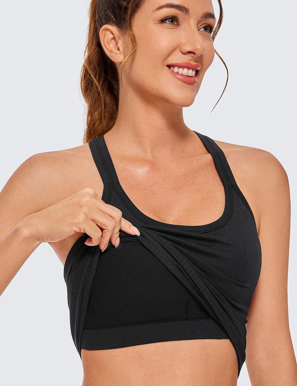 imageCRZ YOGA Womens Seamless Ribbed Racerback Tank Tops with Built in Bra Padded Scoop Neck Slimming Athletic Long CamisoleBlack