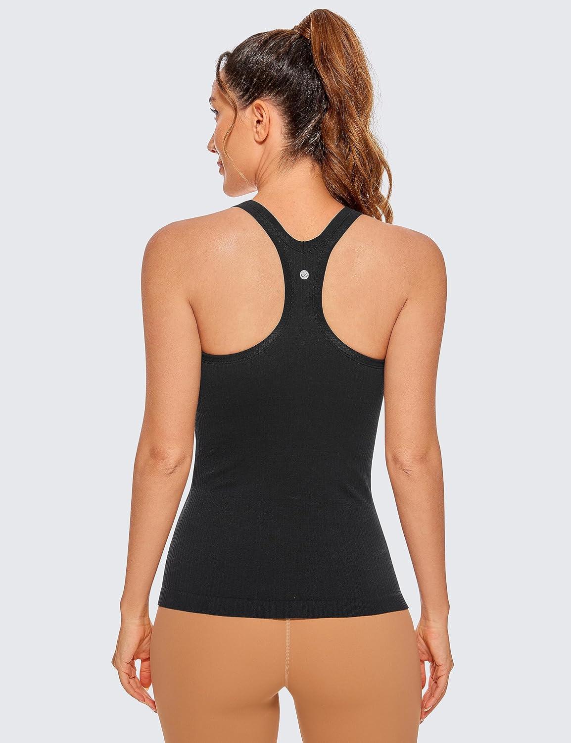 imageCRZ YOGA Womens Seamless Ribbed Racerback Tank Tops with Built in Bra Padded Scoop Neck Slimming Athletic Long CamisoleBlack