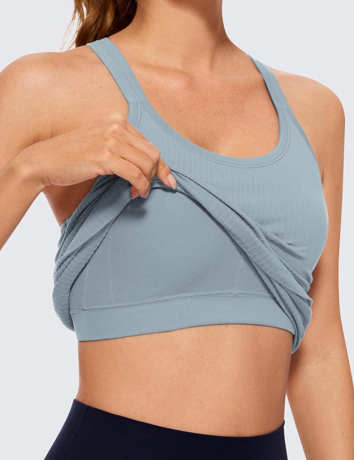 imageCRZ YOGA Womens Seamless Ribbed Racerback Tank Tops with Built in Bra Padded Scoop Neck Slimming Athletic Long CamisoleCambric Blue