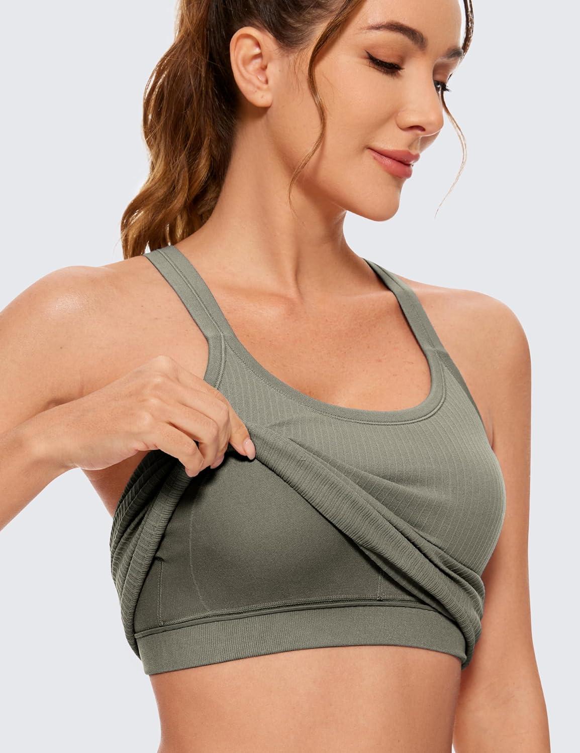 imageCRZ YOGA Womens Seamless Ribbed Racerback Tank Tops with Built in Bra Padded Scoop Neck Slimming Athletic Long CamisoleDark Green