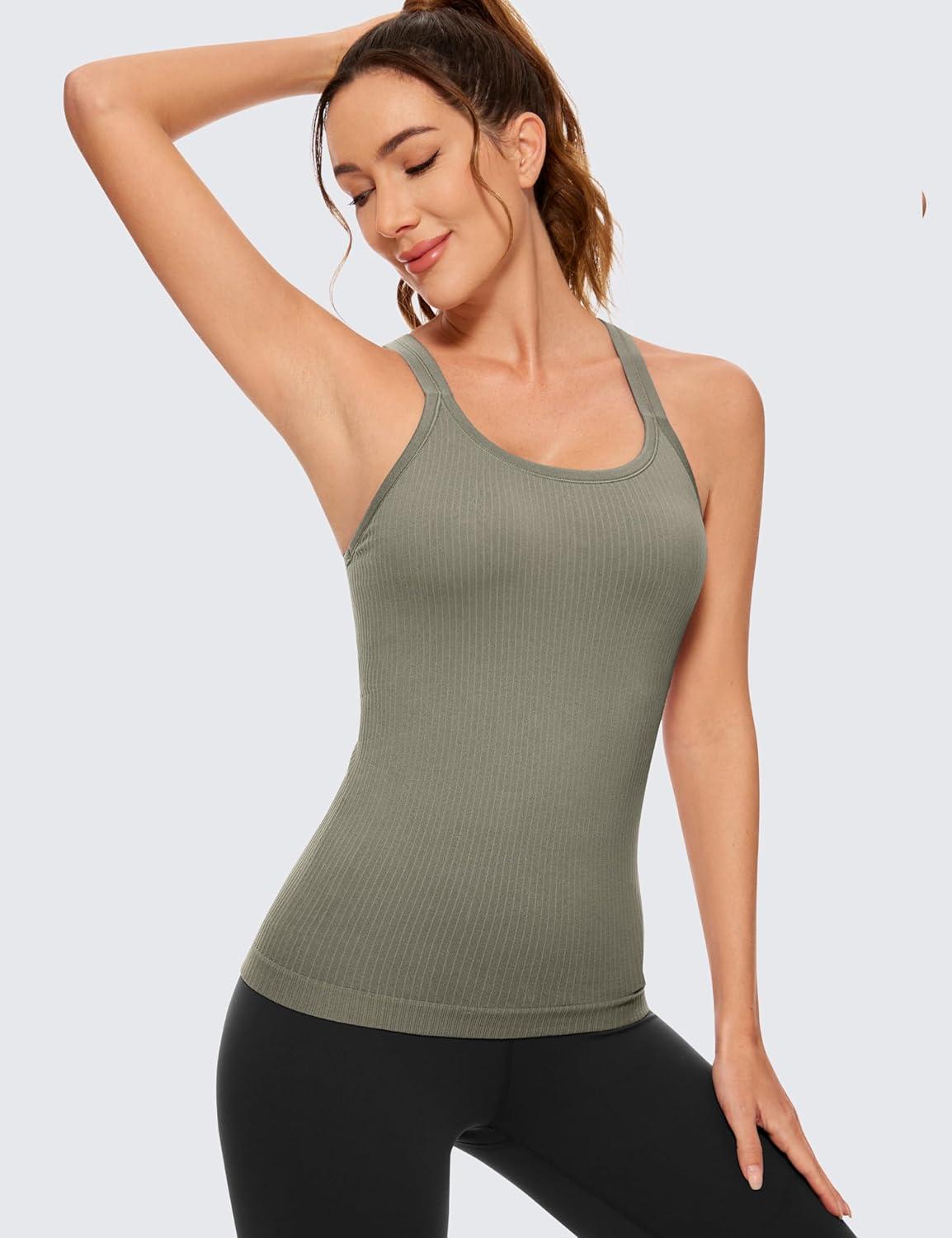 imageCRZ YOGA Womens Seamless Ribbed Racerback Tank Tops with Built in Bra Padded Scoop Neck Slimming Athletic Long CamisoleDark Green