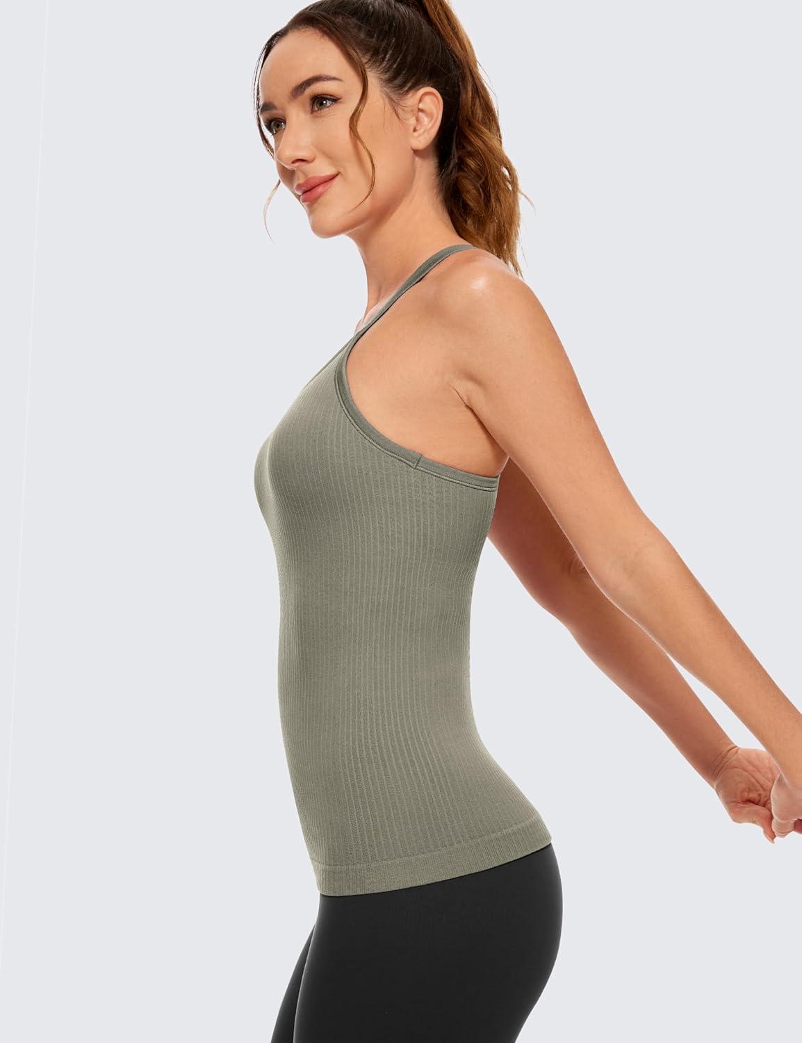 imageCRZ YOGA Womens Seamless Ribbed Racerback Tank Tops with Built in Bra Padded Scoop Neck Slimming Athletic Long CamisoleDark Green