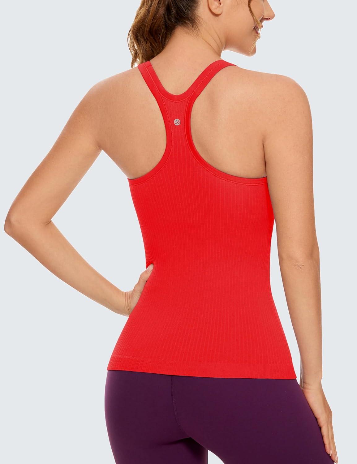 imageCRZ YOGA Womens Seamless Ribbed Racerback Tank Tops with Built in Bra Padded Scoop Neck Slimming Athletic Long CamisoleDark Red