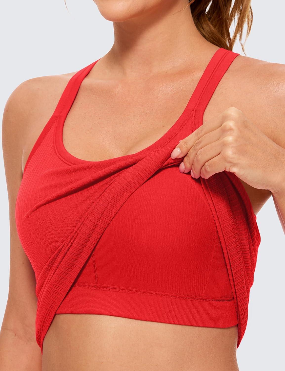 imageCRZ YOGA Womens Seamless Ribbed Racerback Tank Tops with Built in Bra Padded Scoop Neck Slimming Athletic Long CamisoleDeep Red