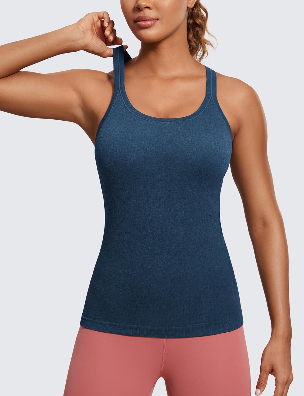 imageCRZ YOGA Womens Seamless Ribbed Racerback Tank Tops with Built in Bra Padded Scoop Neck Slimming Athletic Long CamisoleFrench Navy