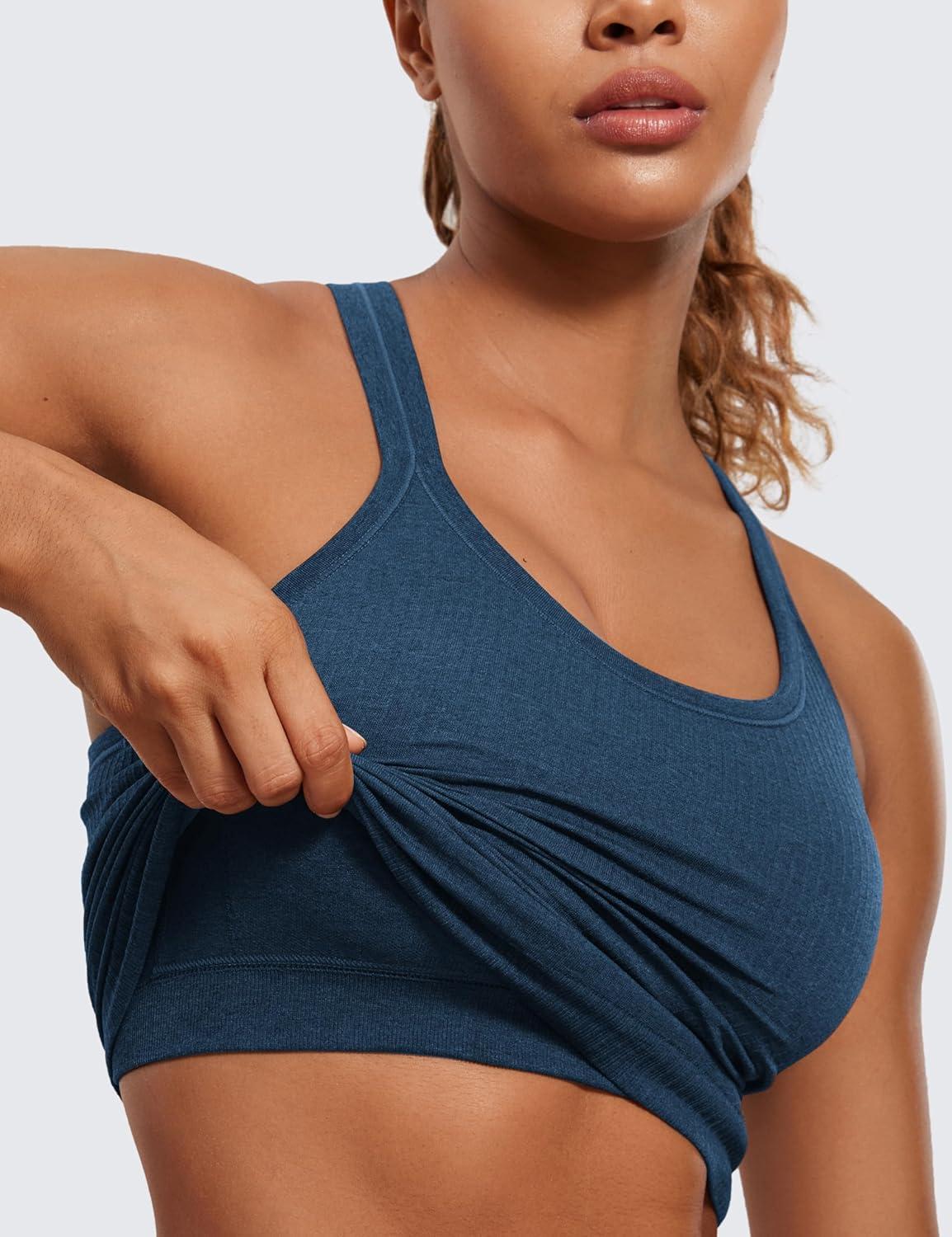 imageCRZ YOGA Womens Seamless Ribbed Racerback Tank Tops with Built in Bra Padded Scoop Neck Slimming Athletic Long CamisoleFrench Navy