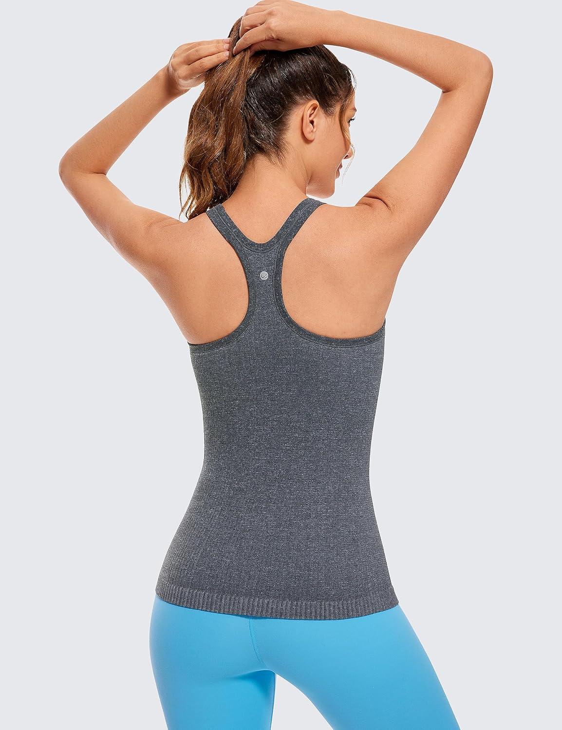 imageCRZ YOGA Womens Seamless Ribbed Racerback Tank Tops with Built in Bra Padded Scoop Neck Slimming Athletic Long CamisoleLight Gray 7