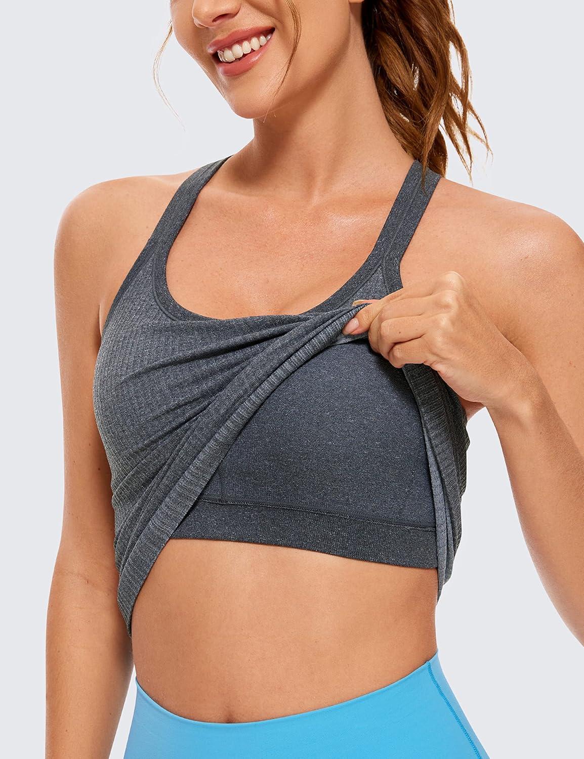imageCRZ YOGA Womens Seamless Ribbed Racerback Tank Tops with Built in Bra Padded Scoop Neck Slimming Athletic Long CamisoleLight Gray 7