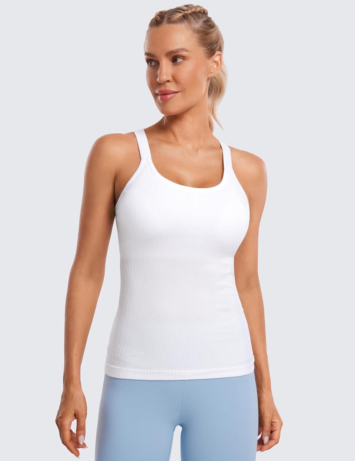 imageCRZ YOGA Womens Seamless Ribbed Racerback Tank Tops with Built in Bra Padded Scoop Neck Slimming Athletic Long CamisoleWhite
