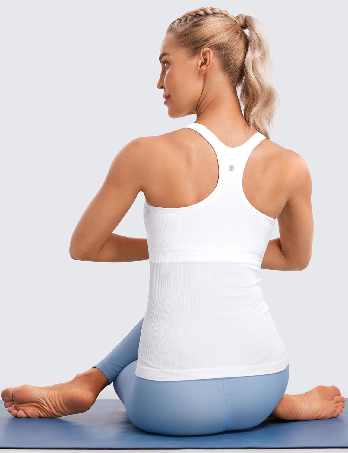 imageCRZ YOGA Womens Seamless Ribbed Racerback Tank Tops with Built in Bra Padded Scoop Neck Slimming Athletic Long CamisoleWhite