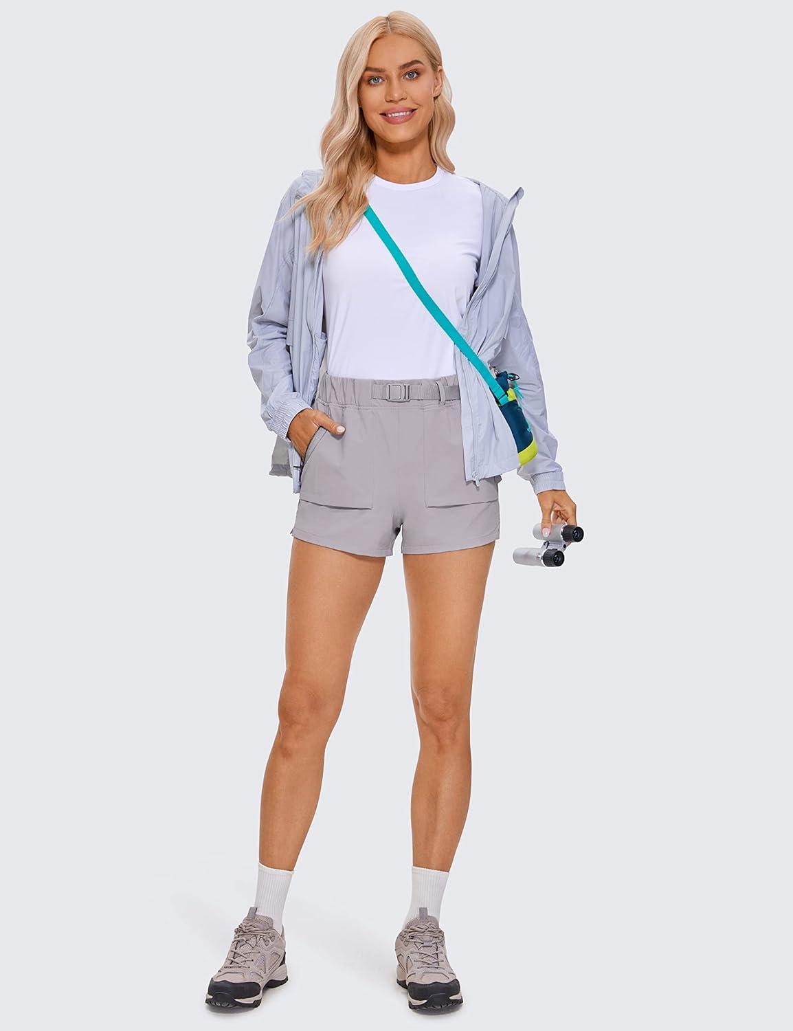 imageCRZ YOGA Womens Waterproof Stretch Hiking Shorts Mid Rise Summer for Outdoor Golf Workout with Zip Pockets Belt 3Gull Gray