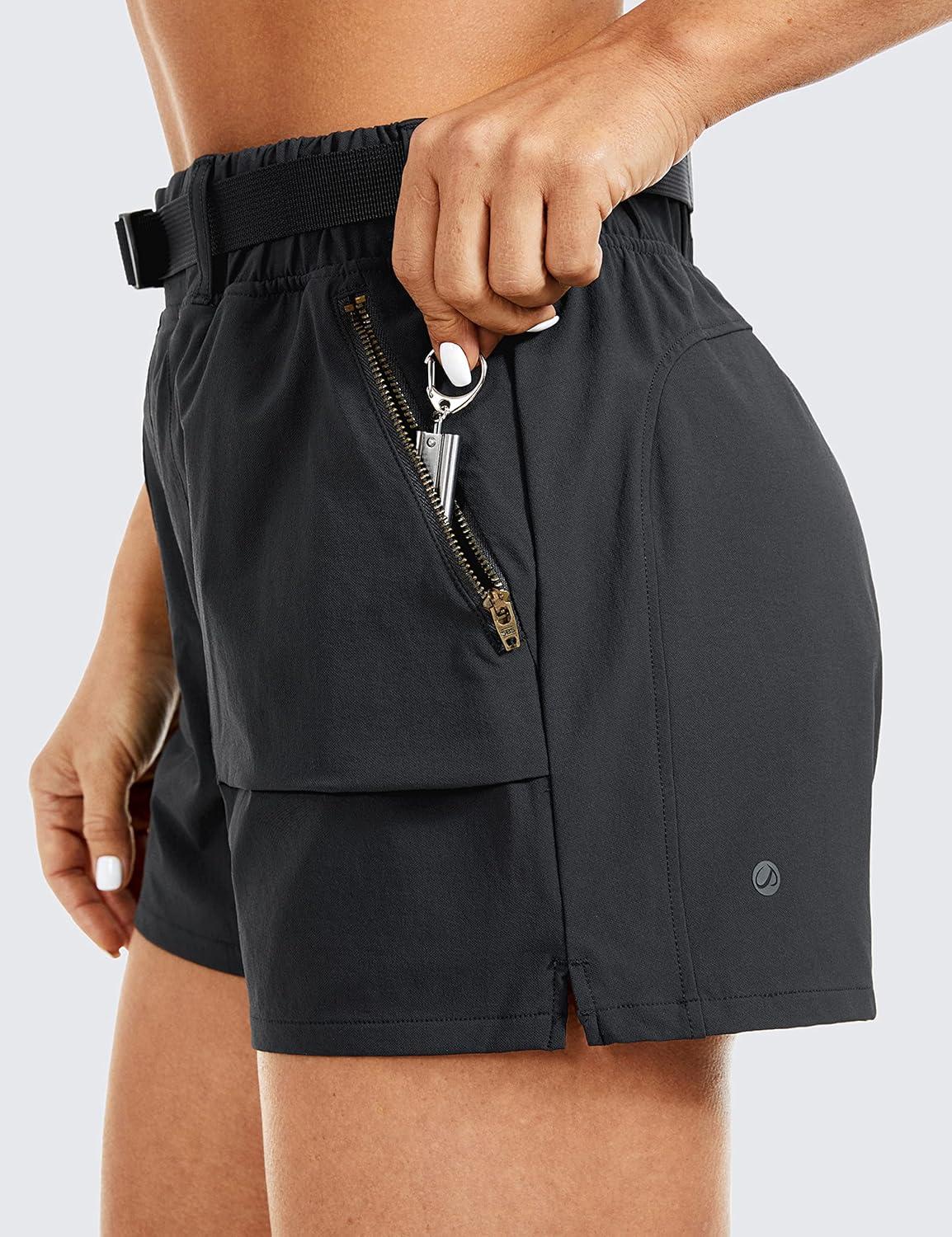 imageCRZ YOGA Womens Waterproof Stretch Hiking Shorts Mid Rise Summer for Outdoor Golf Workout with Zip Pockets Belt 3Ink Gray