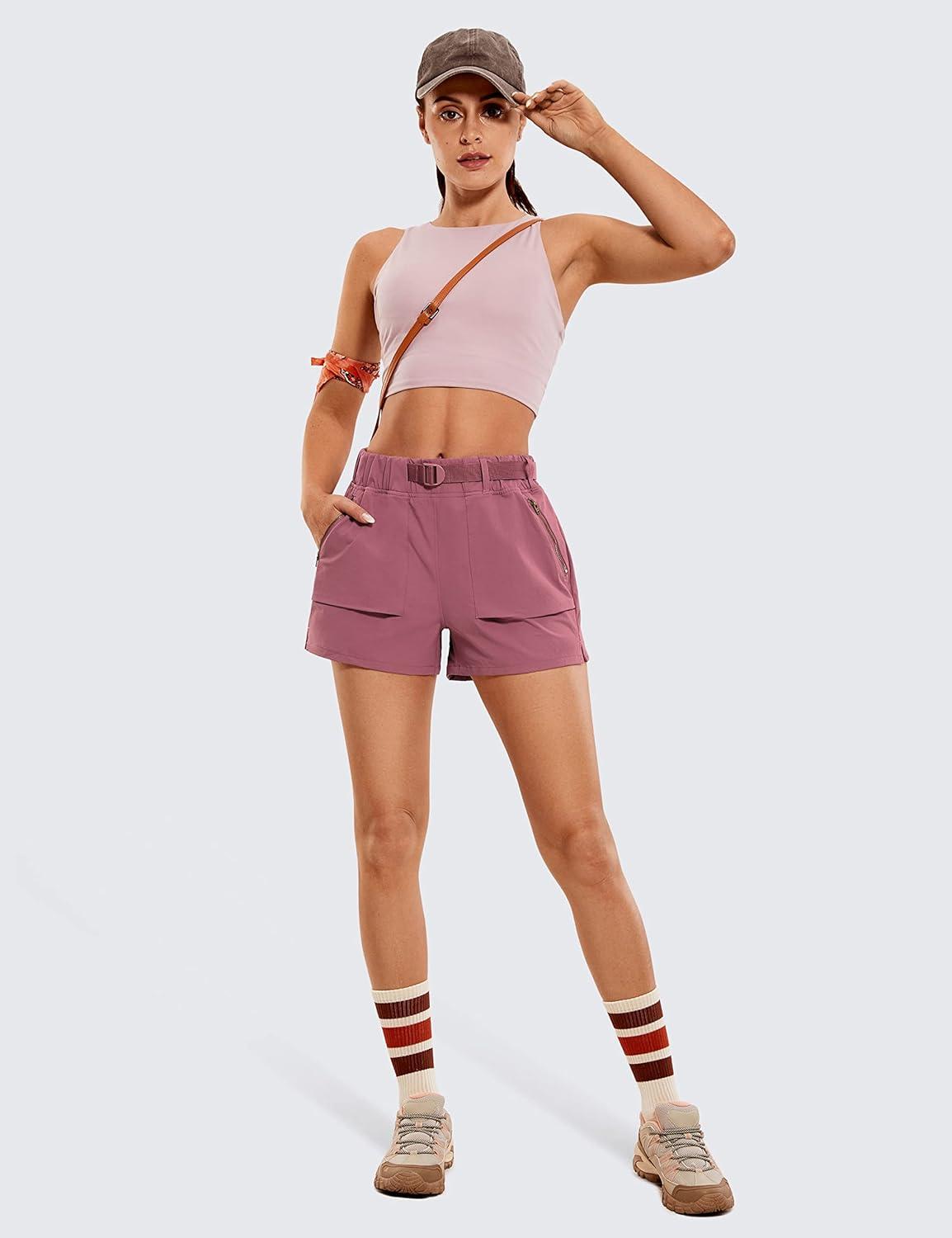 imageCRZ YOGA Womens Waterproof Stretch Hiking Shorts Mid Rise Summer for Outdoor Golf Workout with Zip Pockets Belt 3Misty Merlot