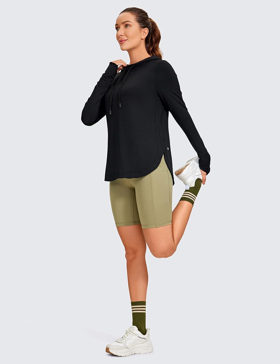 imageCRZ YOGA Workout Long Sleeve Shirt for Women Hoodie Pullover Athletic Hooded Sweatshirts Sports Gym Tops with ThumbholeBlack