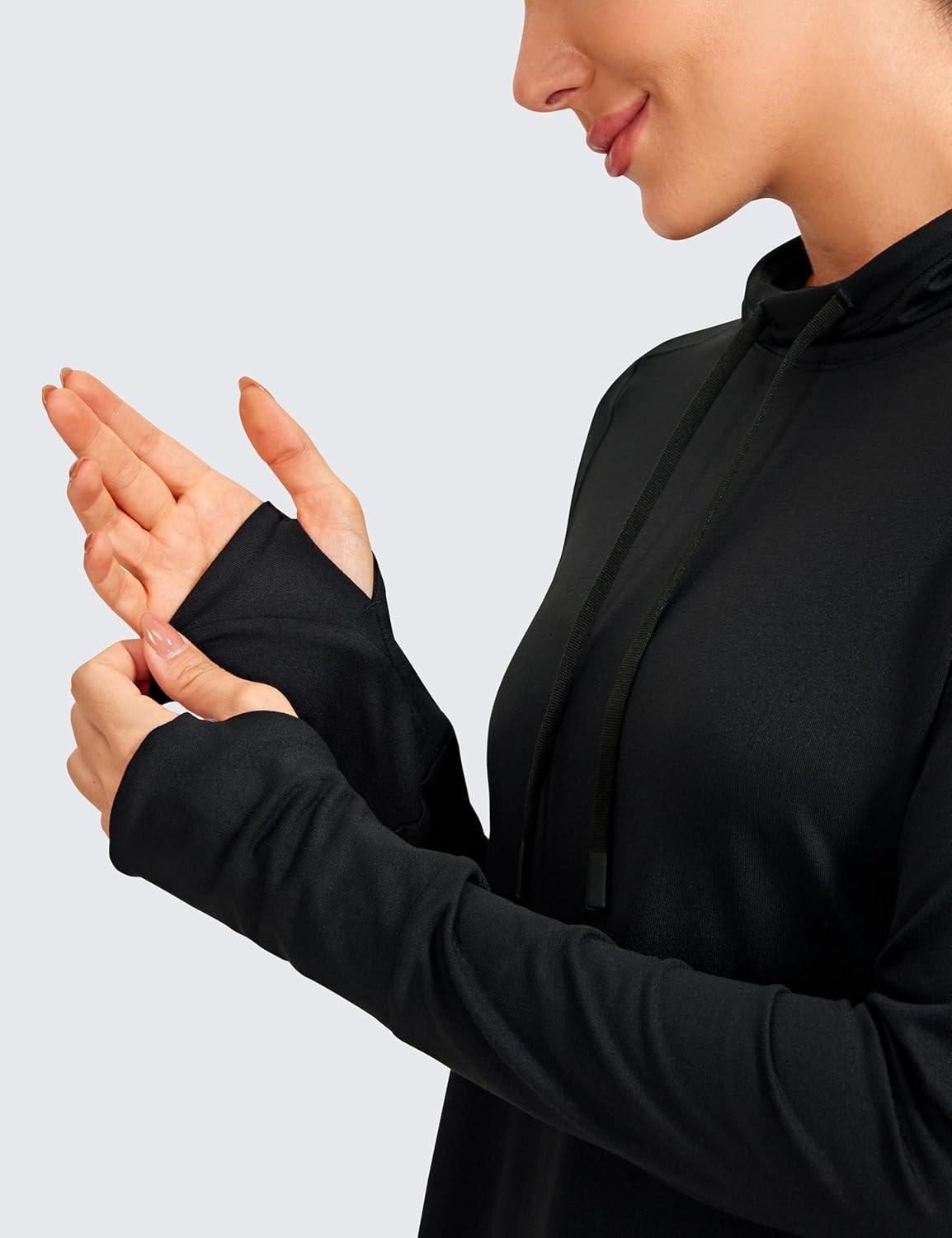 imageCRZ YOGA Workout Long Sleeve Shirt for Women Hoodie Pullover Athletic Hooded Sweatshirts Sports Gym Tops with ThumbholeBlack