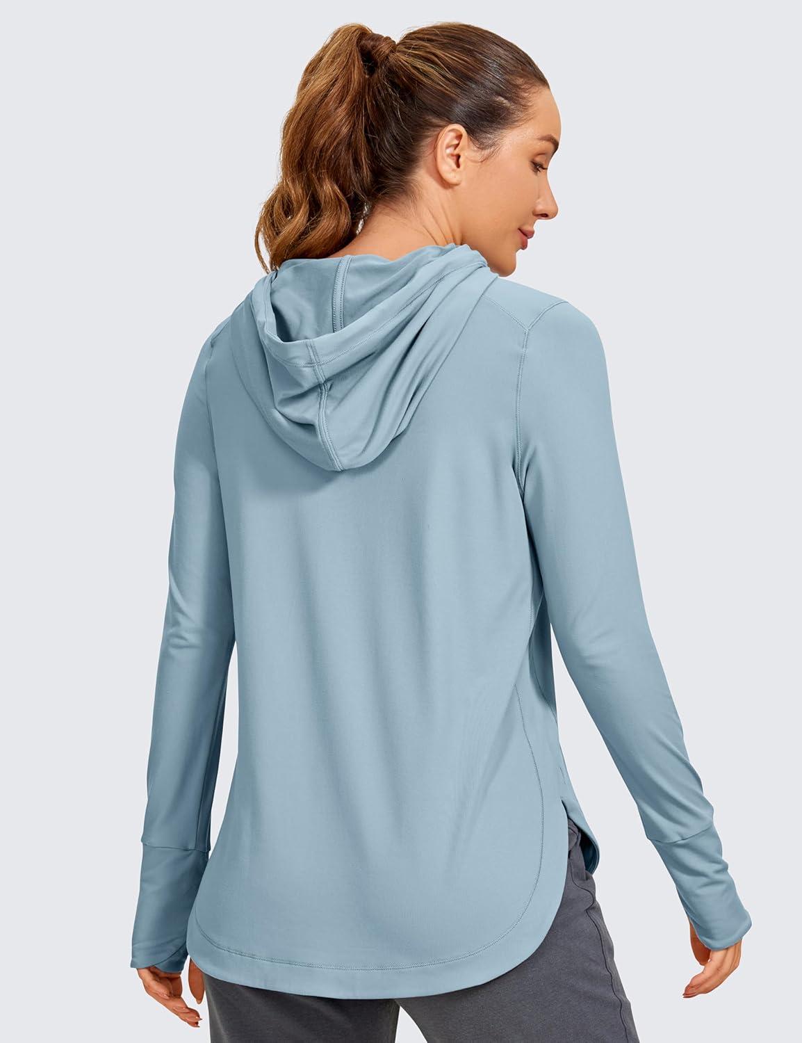 imageCRZ YOGA Workout Long Sleeve Shirt for Women Hoodie Pullover Athletic Hooded Sweatshirts Sports Gym Tops with ThumbholeLight Grayish Blue