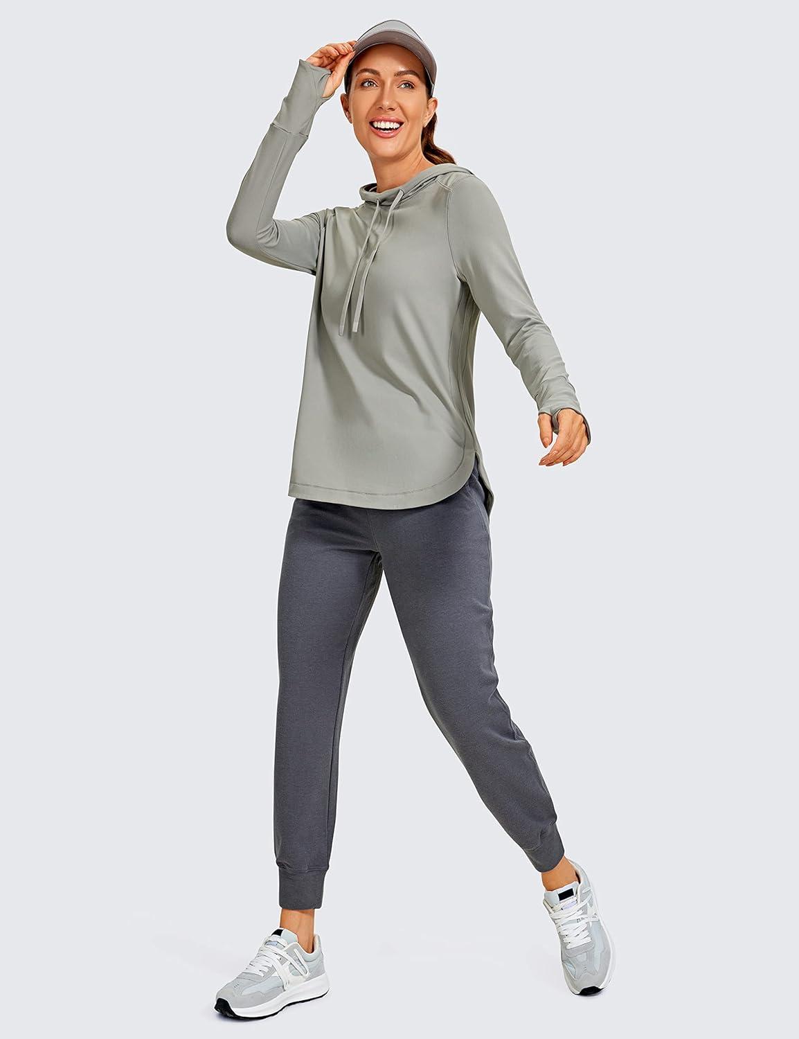 imageCRZ YOGA Workout Long Sleeve Shirt for Women Hoodie Pullover Athletic Hooded Sweatshirts Sports Gym Tops with ThumbholeRock Grey