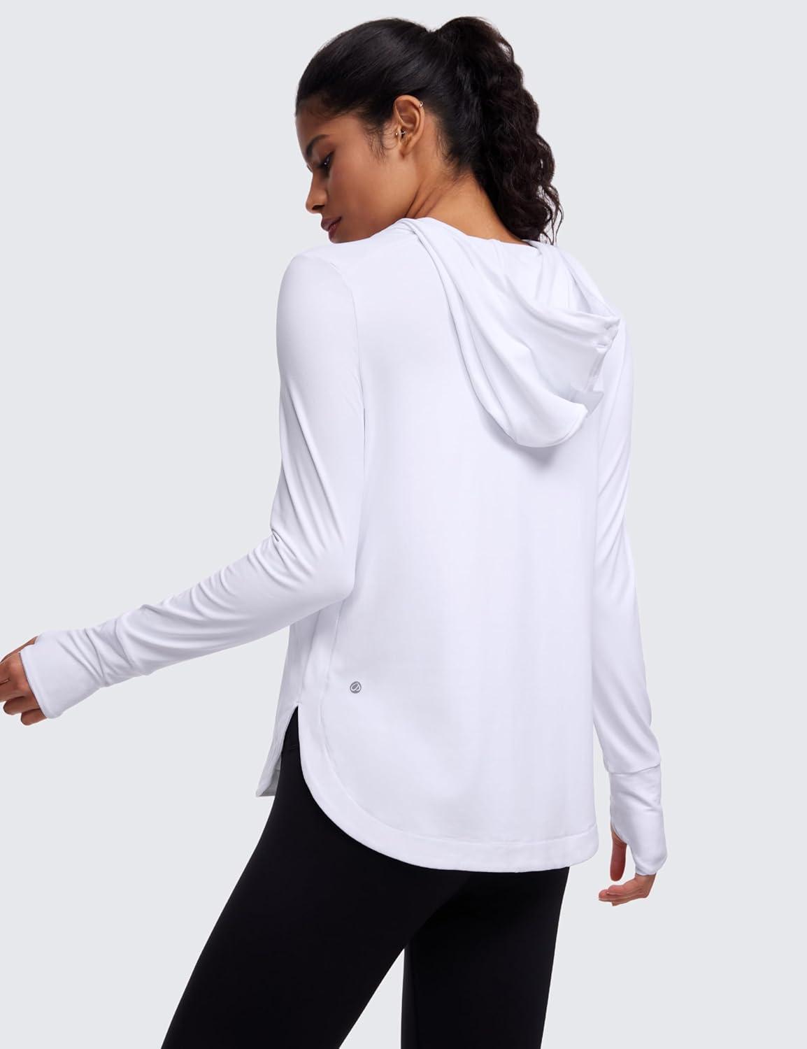 imageCRZ YOGA Workout Long Sleeve Shirt for Women Hoodie Pullover Athletic Hooded Sweatshirts Sports Gym Tops with ThumbholeWhite