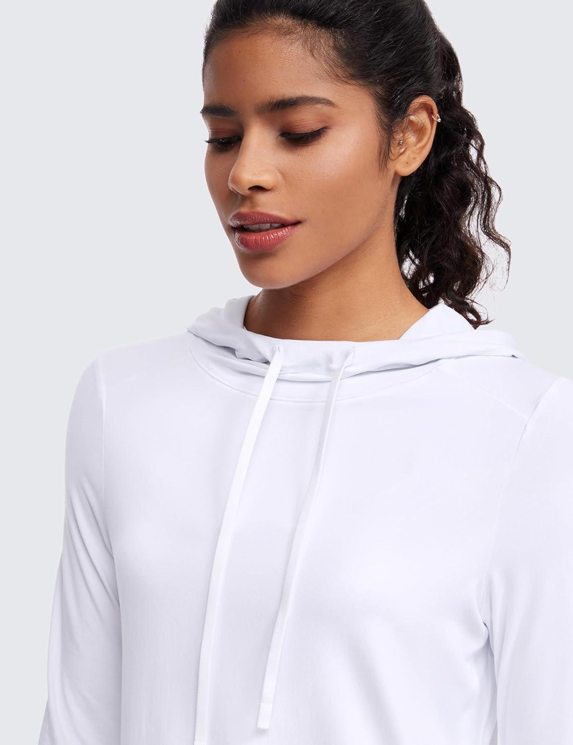 imageCRZ YOGA Workout Long Sleeve Shirt for Women Hoodie Pullover Athletic Hooded Sweatshirts Sports Gym Tops with ThumbholeWhite