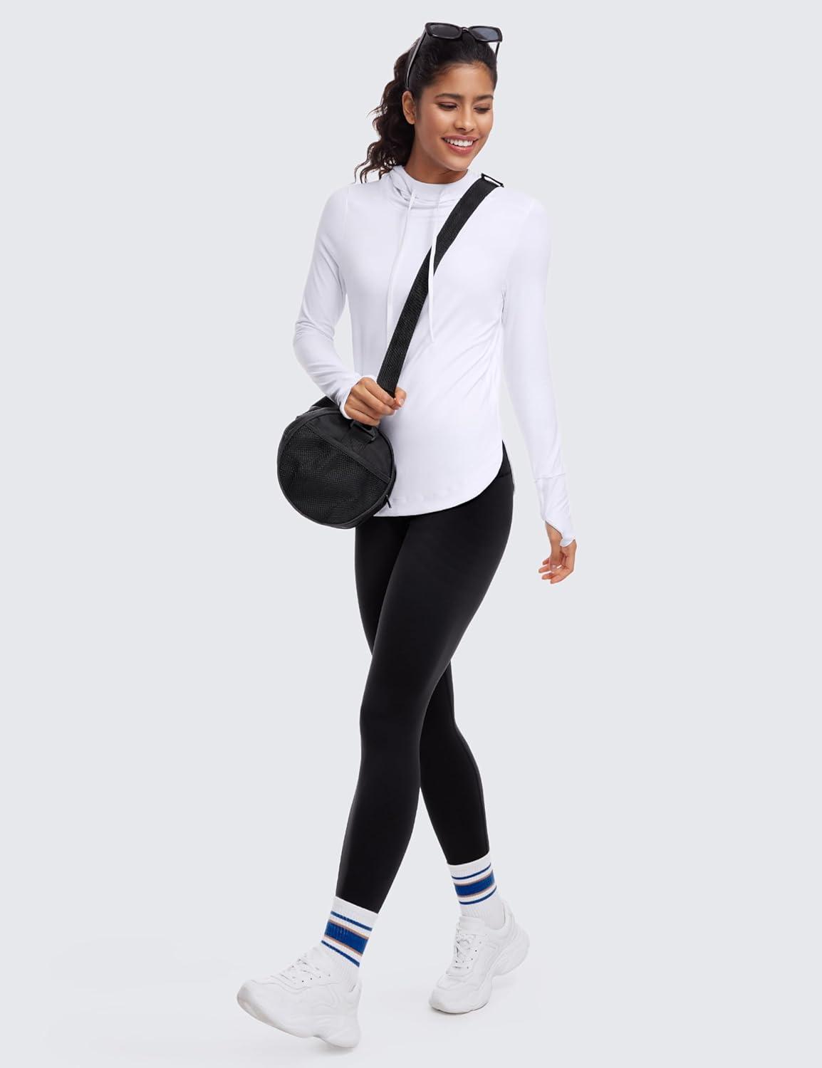 imageCRZ YOGA Workout Long Sleeve Shirt for Women Hoodie Pullover Athletic Hooded Sweatshirts Sports Gym Tops with ThumbholeWhite