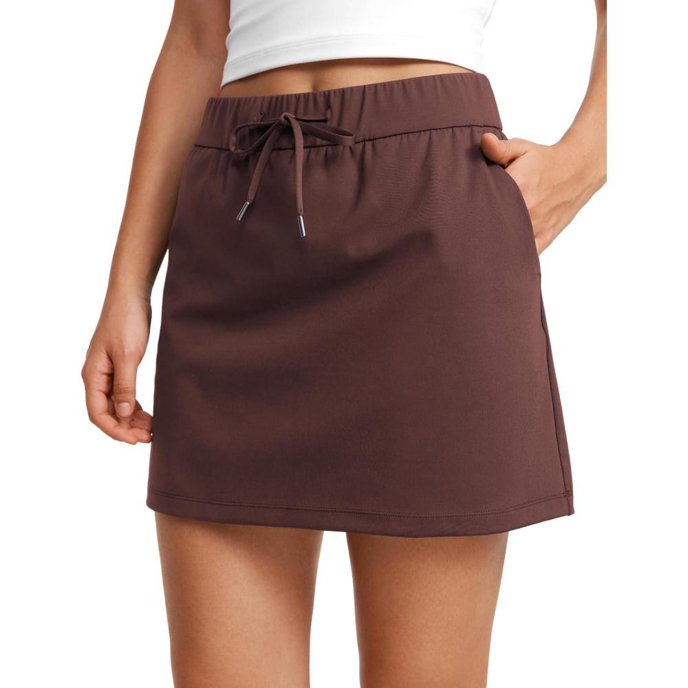 imageCRZ YOGA 4Way Stretch A Line Skirts for Women High Waitsted Mini Lined Tennis Work Drawstring Skort with PocketsTaupe