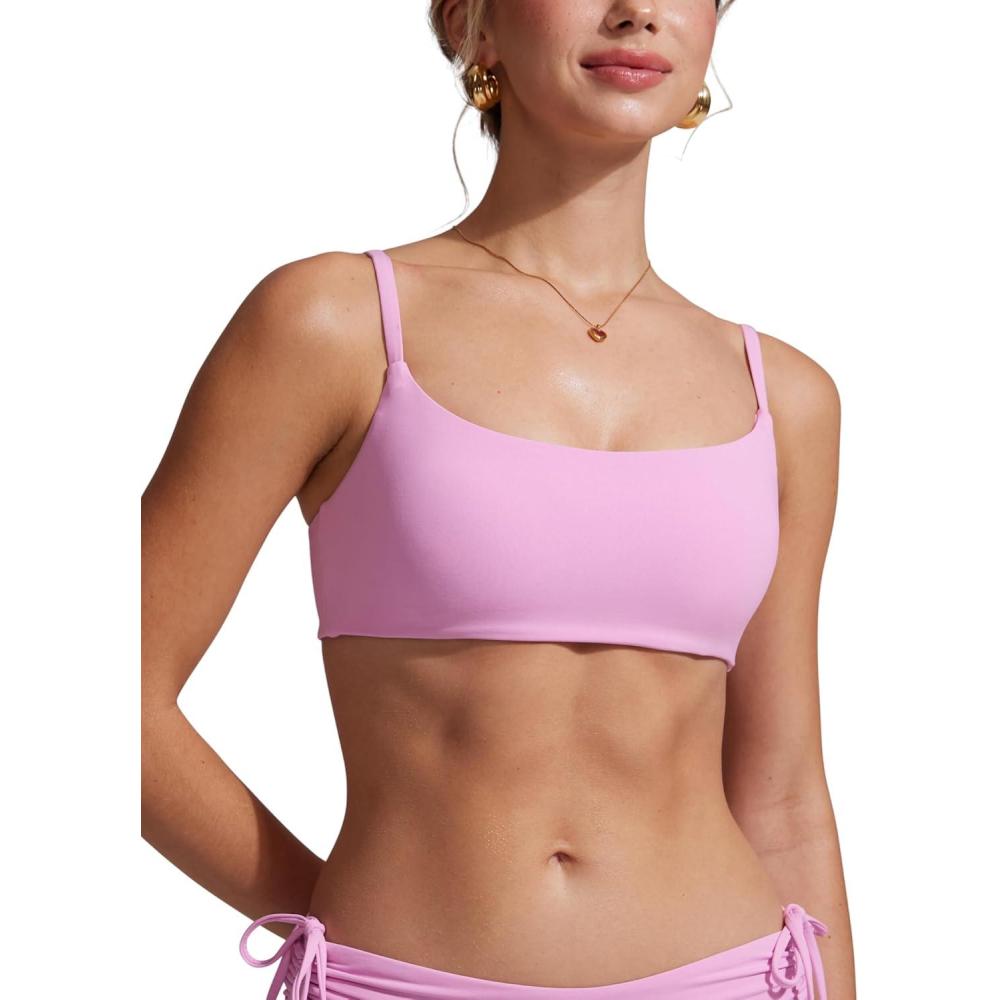 imageCRZ YOGA AC Scoop Neck Bikini Tops for Women Padded Adjustable Bathing Swimsuit Spaghetti Straps Swim Sports BraVita Pink