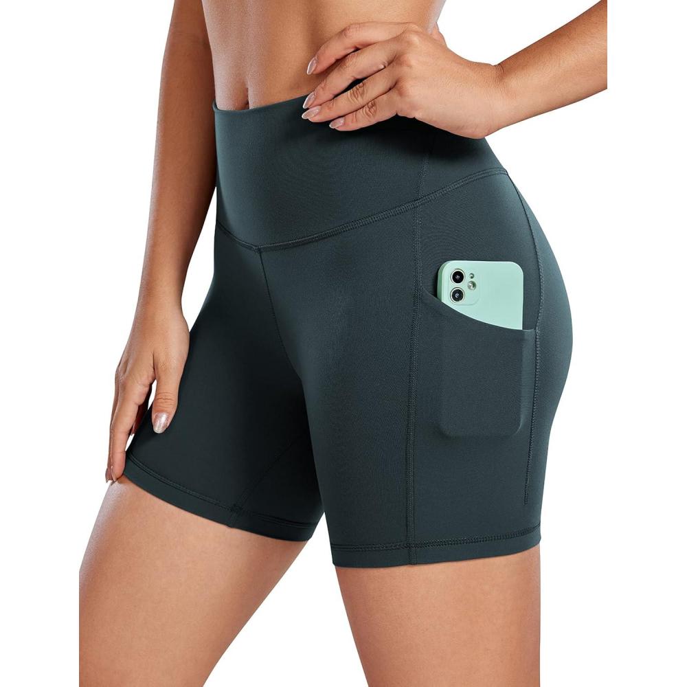 imageCRZ YOGA Butterluxe Biker Shorts Pockets 5quot High Waisted Volleyball Workout Athletic Yoga WomensForest Dark Green