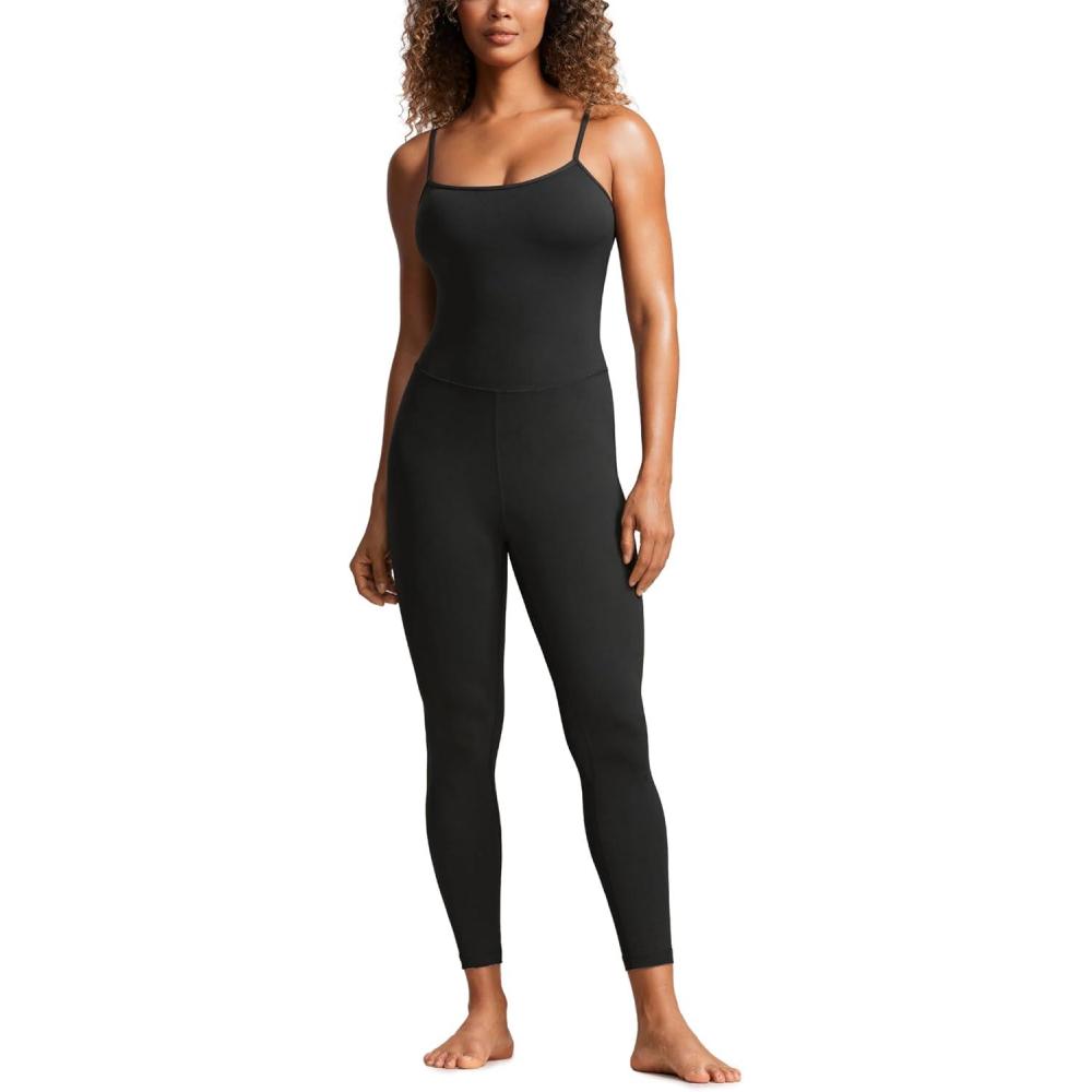imageCRZ YOGA Butterluxe Cami Strap Jumpsuits for Women Adjustable Yoga Workout One Piece Tank Leggings Romper with Builtin BraBlack