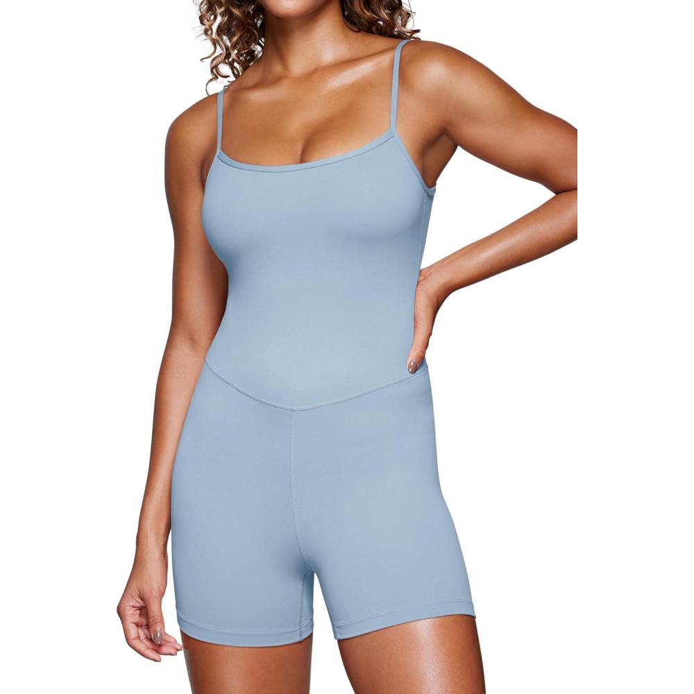 imageCRZ YOGA Butterluxe Cami Strap Rompers for Women Adjustable Sleeveless One Piece Yoga Jumpsuits Bodysuit Shorts PaddedCambric Blue