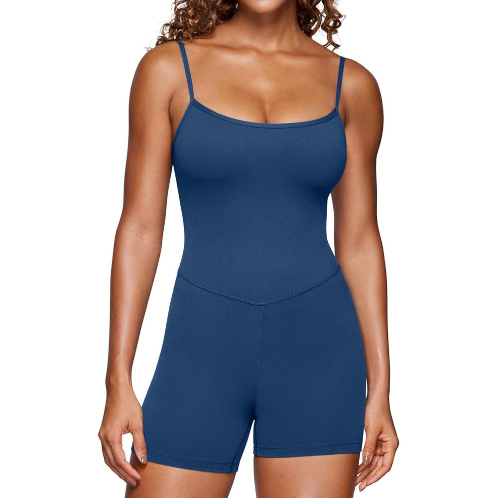imageCRZ YOGA Butterluxe Cami Strap Rompers for Women Adjustable Sleeveless One Piece Yoga Jumpsuits Bodysuit Shorts PaddedFrench Navy