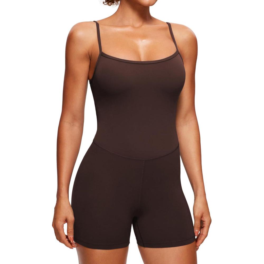 imageCRZ YOGA Butterluxe Cami Strap Rompers for Women Adjustable Sleeveless One Piece Yoga Jumpsuits Bodysuit Shorts PaddedHot Fudge Brown
