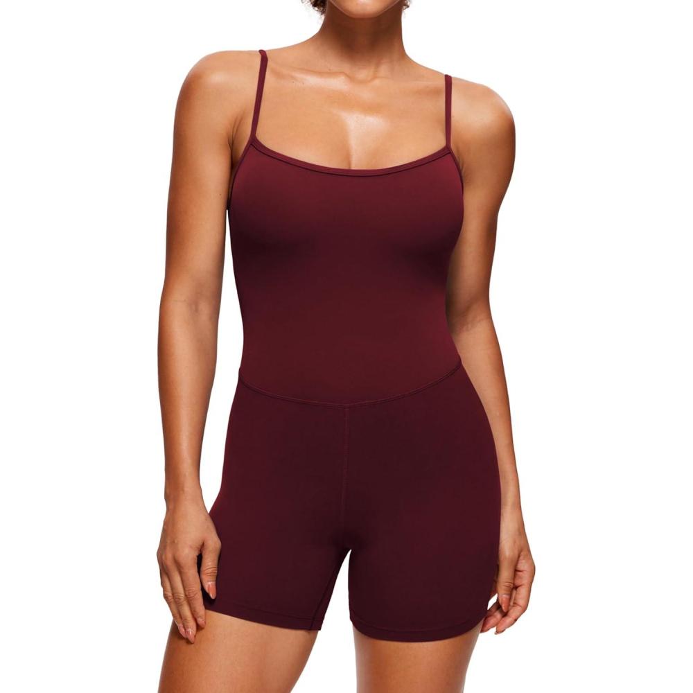imageCRZ YOGA Butterluxe Cami Strap Rompers for Women Adjustable Sleeveless One Piece Yoga Jumpsuits Bodysuit Shorts PaddedRed Merlot
