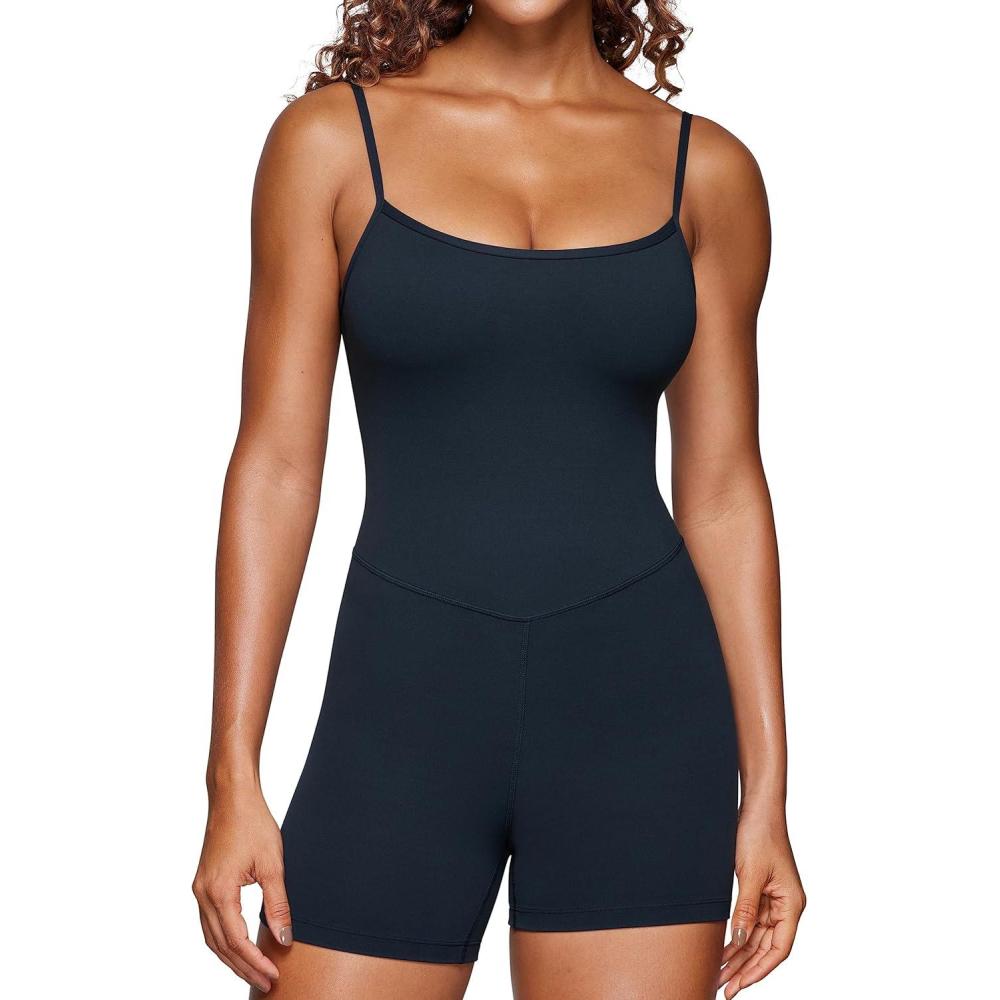 imageCRZ YOGA Butterluxe Cami Strap Rompers for Women Adjustable Sleeveless One Piece Yoga Jumpsuits Bodysuit Shorts PaddedTrue Navy