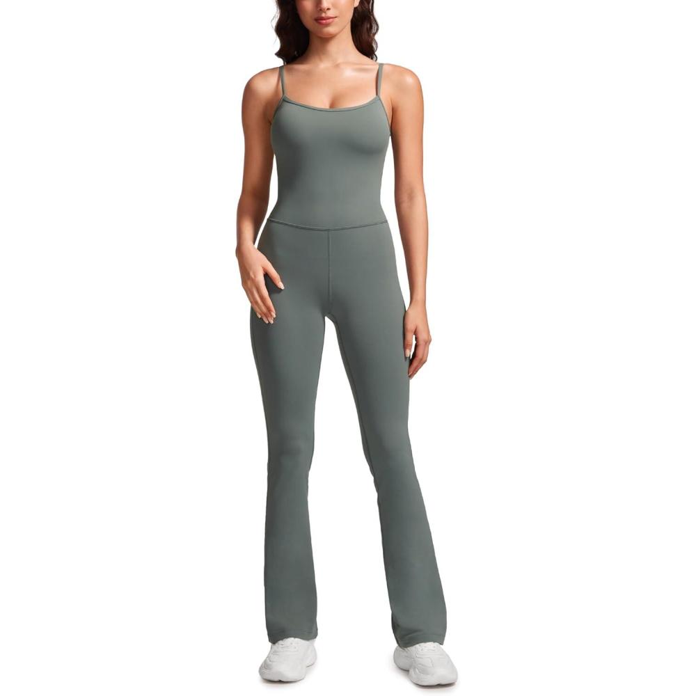imageCRZ YOGA Butterluxe Flare Jumpsuits for Women Spaghetti Strap Workout Athletic Onesie Square Neck Bodysuits with Built in BraGrey Sage