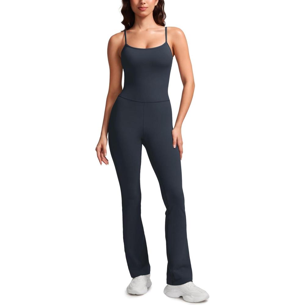 imageCRZ YOGA Butterluxe Flare Jumpsuits for Women Spaghetti Strap Workout Athletic Onesie Square Neck Bodysuits with Built in BraTrue Navy