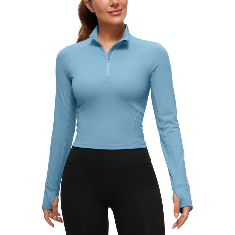 imageCRZ YOGA Butterluxe Half Zip Long Sleeve Shirts for Women Workout Athletic Yoga Tops Crop Collared Quarter Zipper TShirtPure Blue