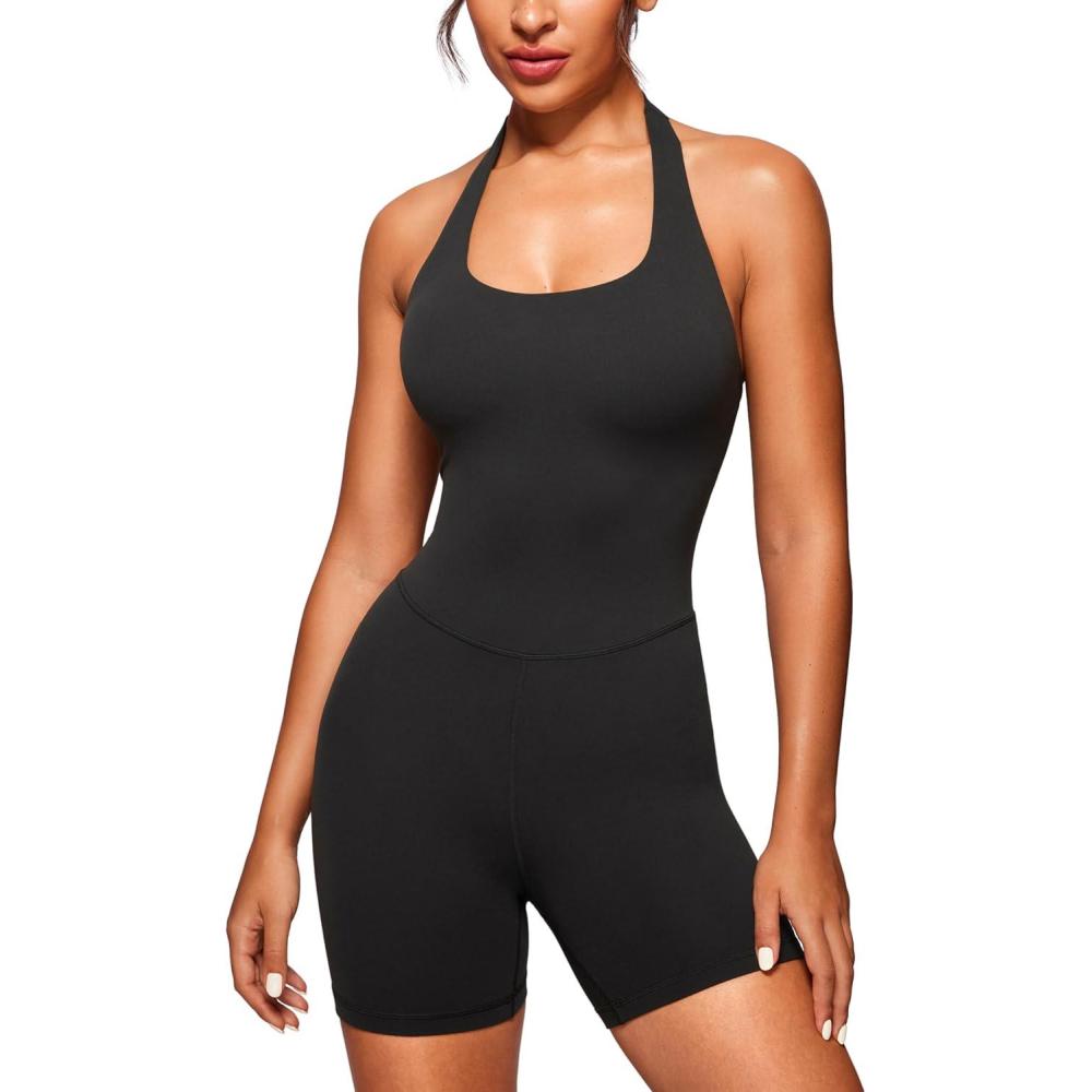 imageCRZ YOGA Butterluxe Halter Backless Athletic Rompers for Women Workout Bodycon One Piece Shorts Jumpsuit with PadsBlack