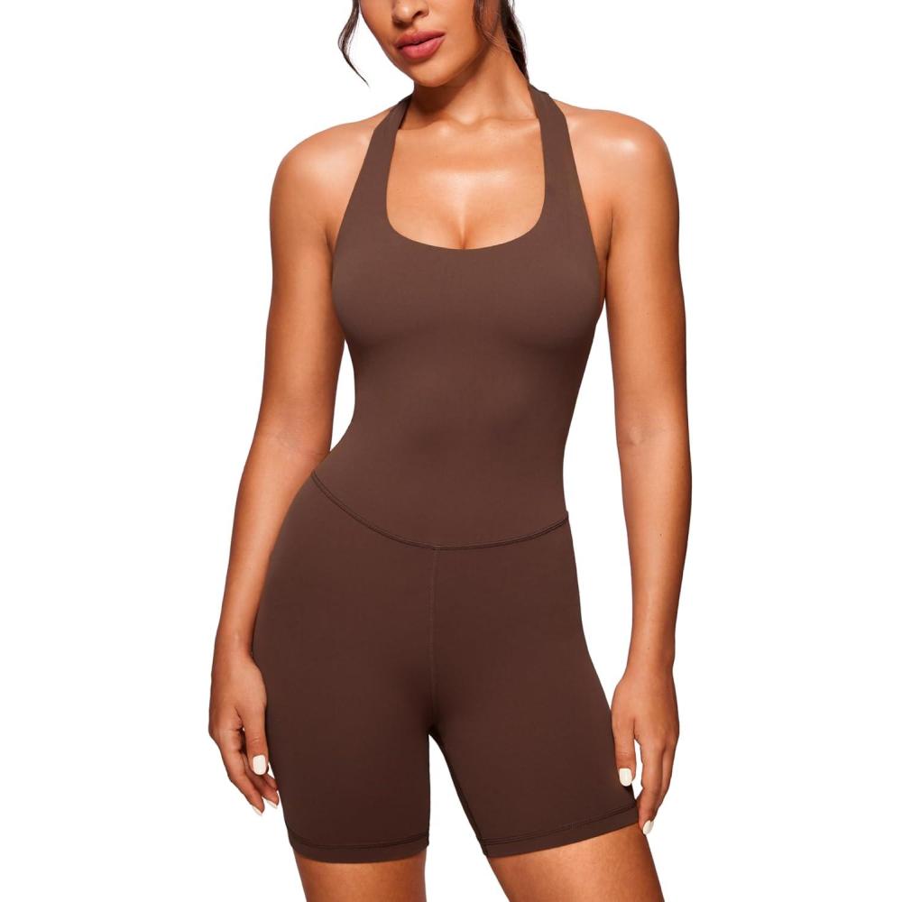 imageCRZ YOGA Butterluxe Halter Backless Athletic Rompers for Women Workout Bodycon One Piece Shorts Jumpsuit with PadsCoffee Brown