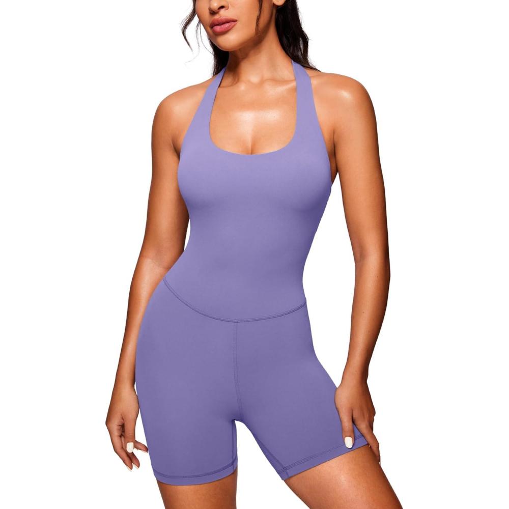 imageCRZ YOGA Butterluxe Halter Backless Athletic Rompers for Women Workout Bodycon One Piece Shorts Jumpsuit with PadsDark Lavender Purple