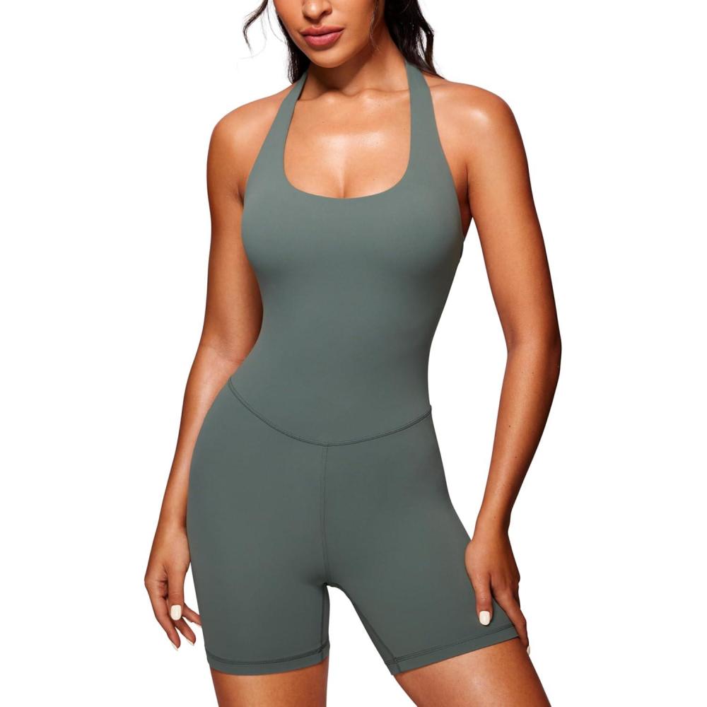 imageCRZ YOGA Butterluxe Halter Backless Athletic Rompers for Women Workout Bodycon One Piece Shorts Jumpsuit with PadsGrey Sage