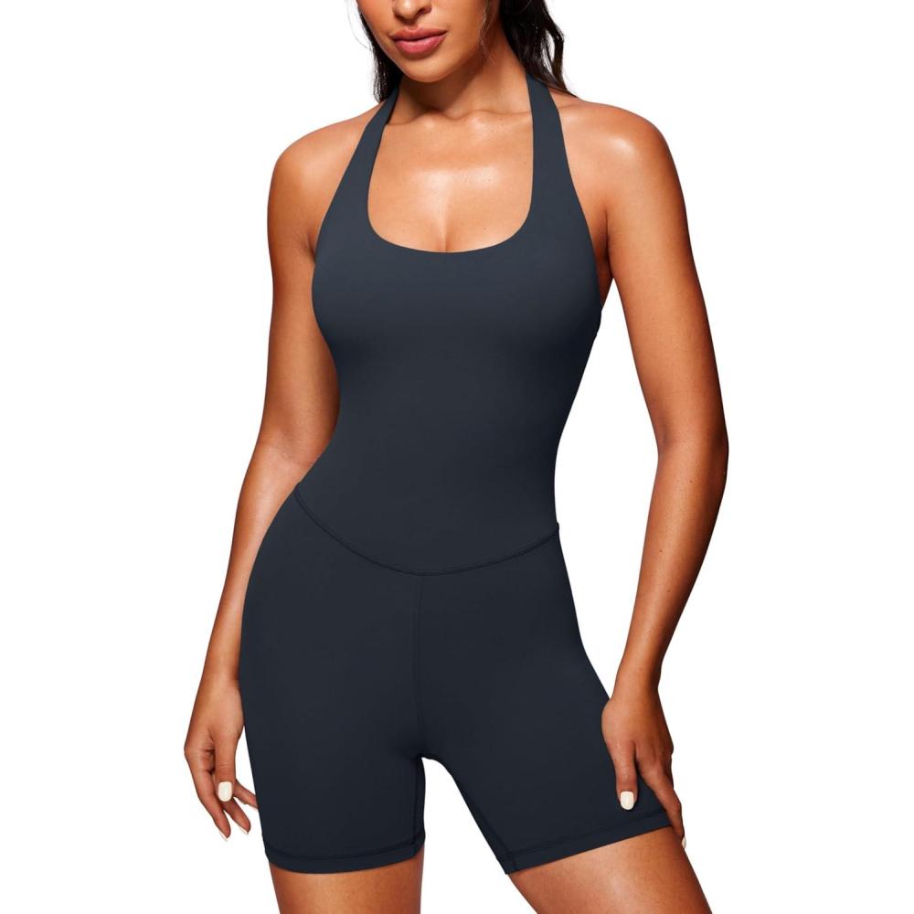 imageCRZ YOGA Butterluxe Halter Backless Athletic Rompers for Women Workout Bodycon One Piece Shorts Jumpsuit with PadsTrue Navy