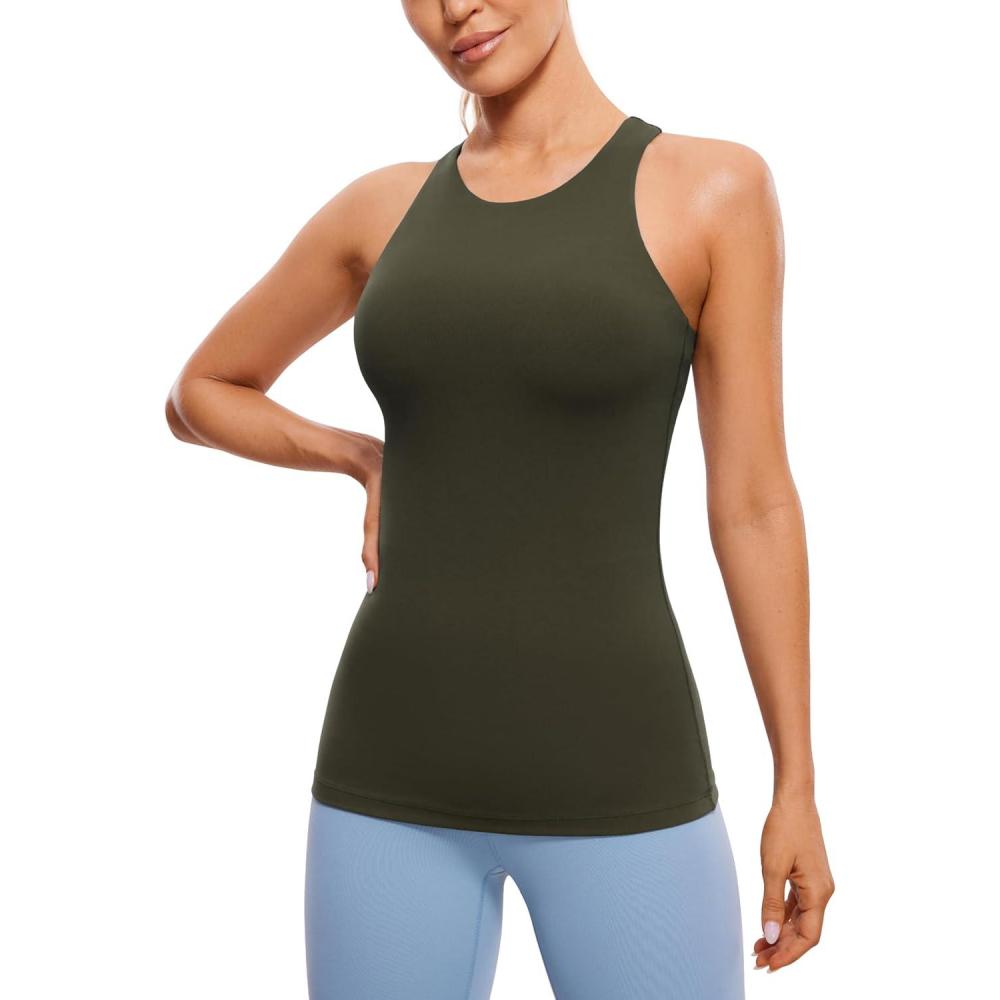 imageCRZ YOGA Butterluxe High Neck Tank Tops for Women Racerback Workout Padded Yoga Athletic Camisole with Built in BraOlive Green