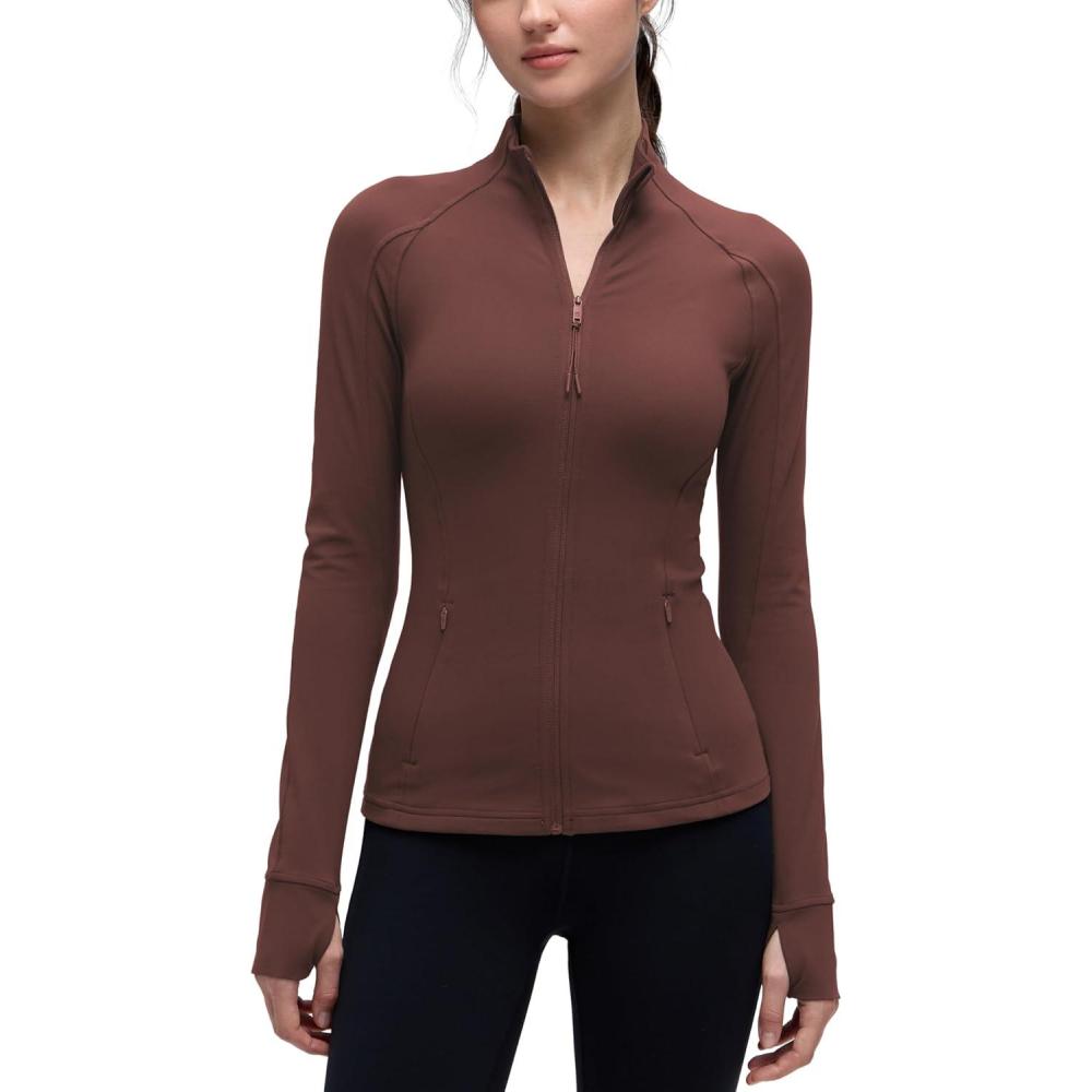 imageCRZ YOGA Butterluxe Hip Length Jackets for Women Full Zip Athletic Track Tops with Thumb Holes PocketsTaupe